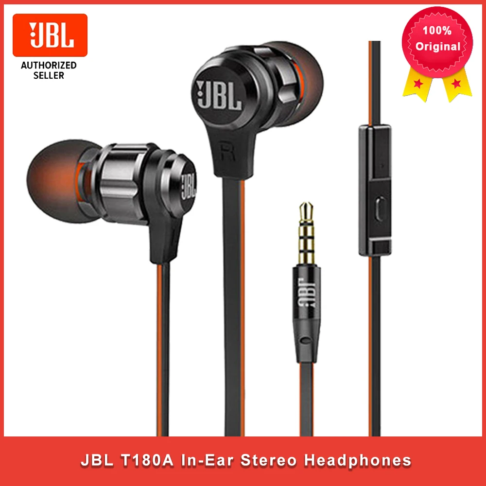 

Original JBL T180A In-Ear Stereo Earphones 3.5mm Wired Sport Gaming Headset Pure Bass Earbuds Handsfree With Microphone