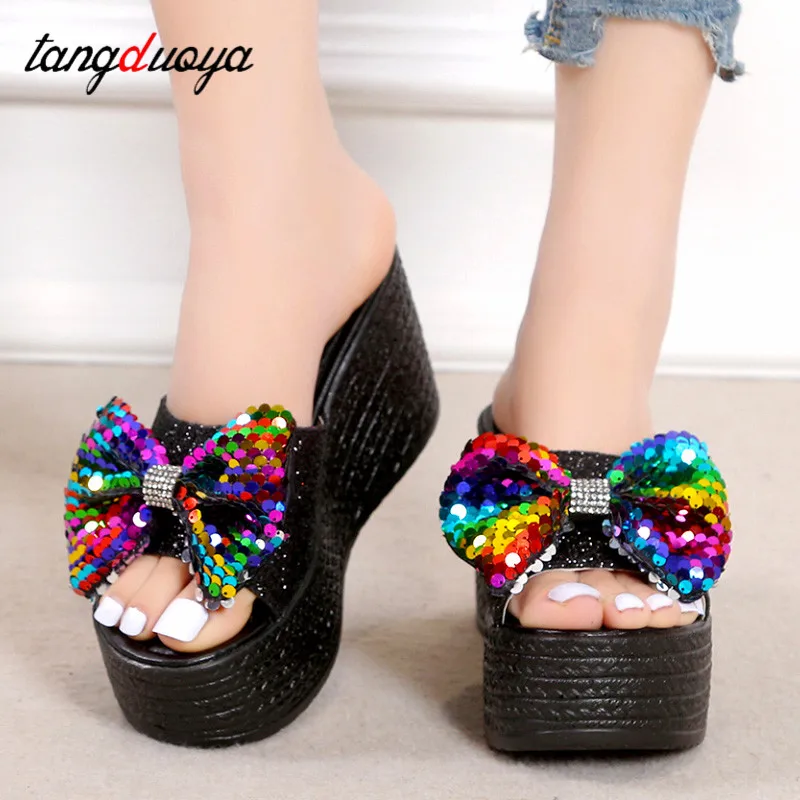 Big Size Slippers Women Sequin Bow Slides Women Summer Sandals Wedge Heels Ladies Shoes Thick Bottom Slippers Platform Slippers