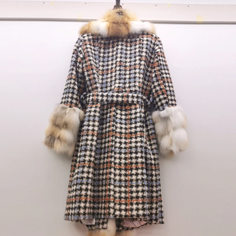 New luxurious Fox Fur Coat Winter Woman Parkas Luxury Long Plaid Women's Large Big Fur Collar Woolen Coat Adjustable Belt