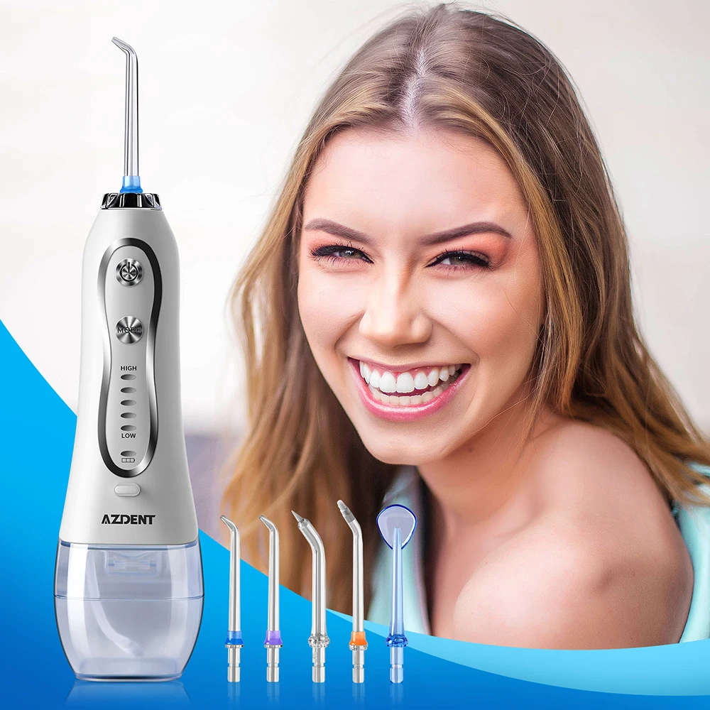 AZDENT HF-5/6 Oral Irrigator Portable Water Dental Flosser USB Rechargeable Water Jet Floss Tooth Pick 5 Jet Tip Water Tank