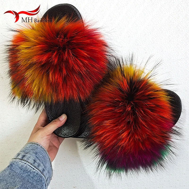 2023 Summer Real Fox Fur Slippers Women Indoor Home Non-slip Platform Shoes Outdoor Beach Luxury Fashion Sandals Wholesale