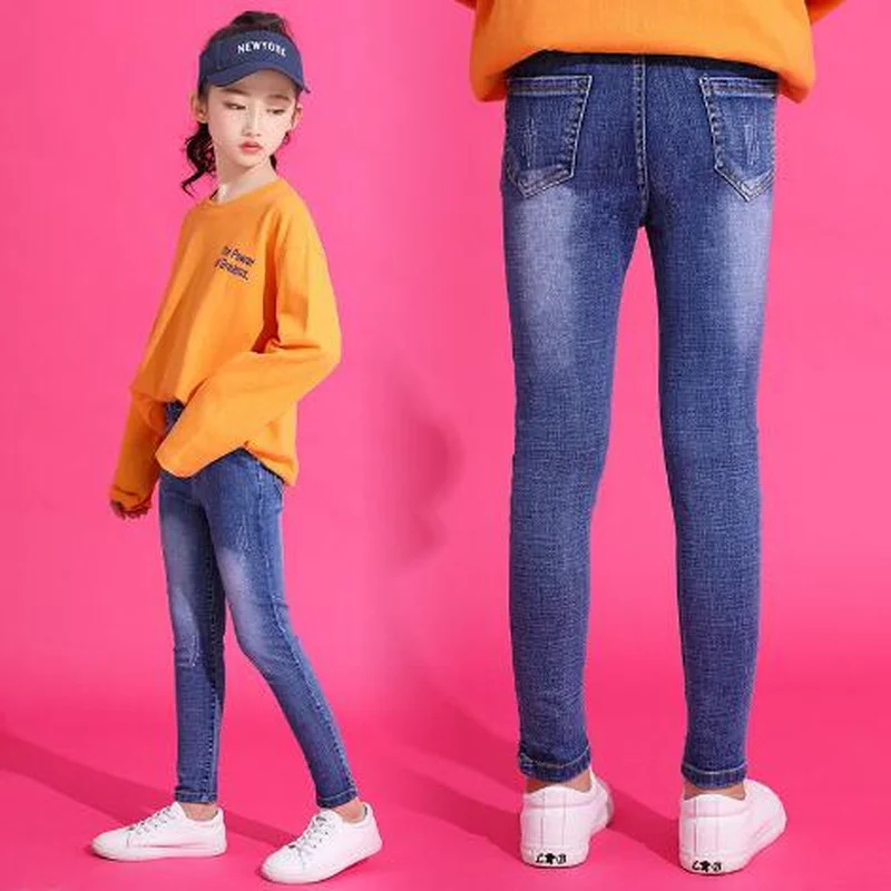 Джинсы для девочек-подростков узкие эластичные брюки из денима повседневные