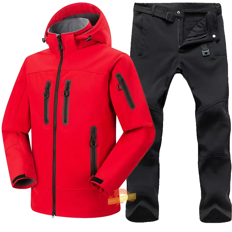 

Men's Autumn Winter Fishing Clothing Outdoor Waterproof Camping Hiking Soft Shell Windbreaker Pants Thickened Warm Fleece Suits