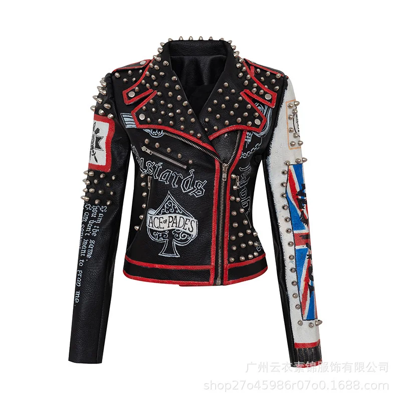 Women'S New European And American Rivet Fashion Print Rock Punk Performance  Motorcycle Clothes Slim  Personality