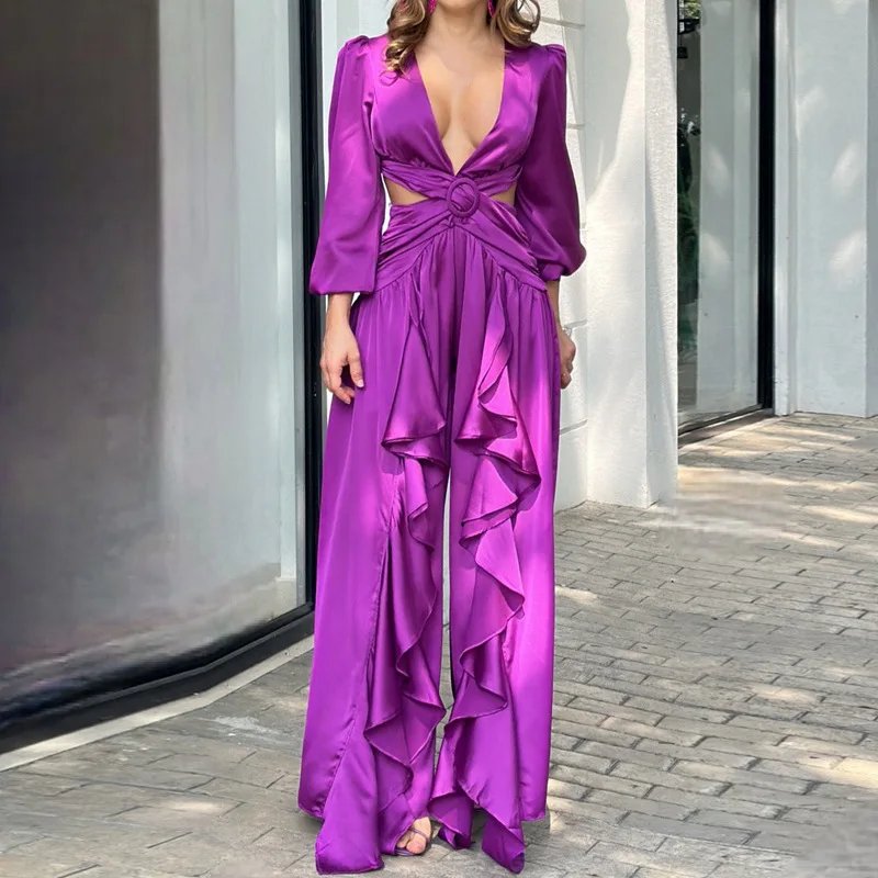 Women's V-neck Hollowed-out Three-quarter Sleeve Waistband Jumpsuit Professional Spring And Summer Purple Fashion Women's Dress
