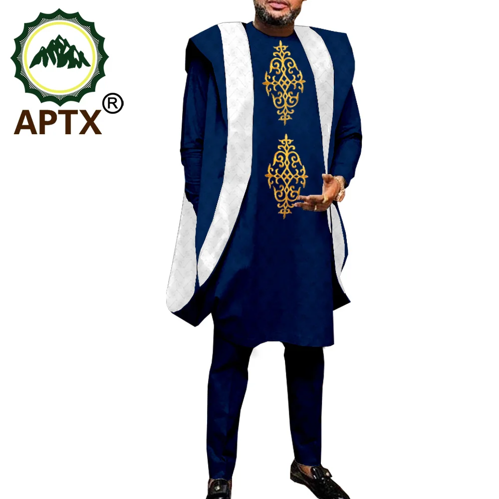 APTX Agbada Suit for Men Dashiki 3 Piece Set Robe+ Blouse+Pants Polyester Material Wedding Daily Wear TA2016044