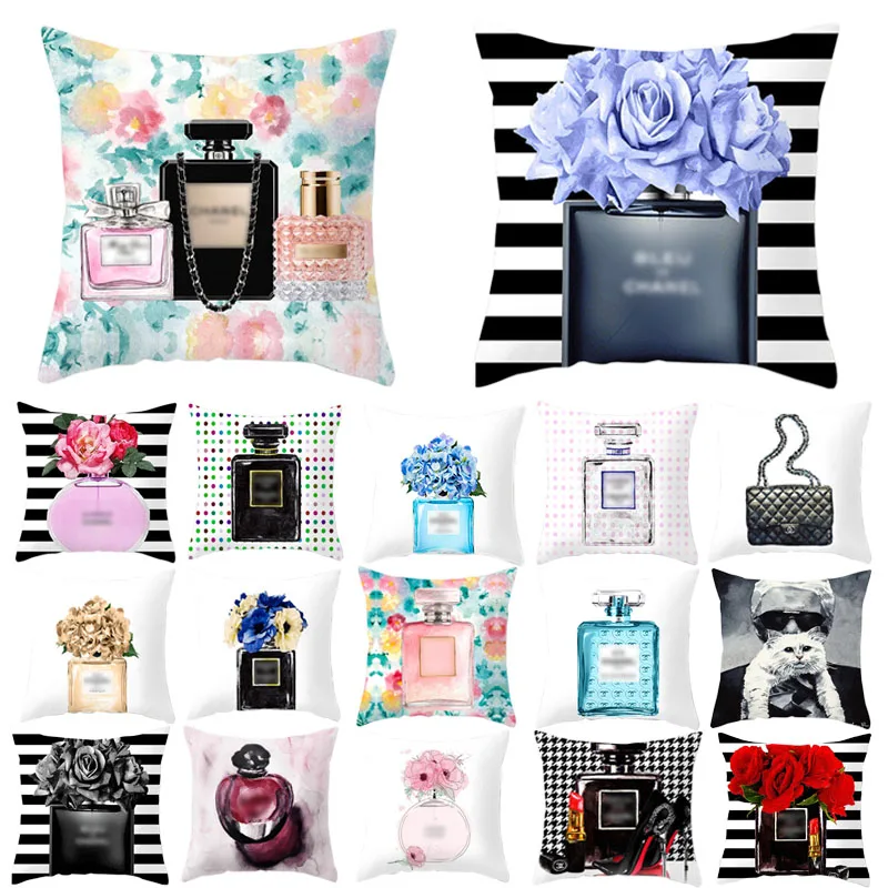 

Brand Perfume Bottle Pillowcase Fashion Women Favor Cushion Cover Home Decorative Peach Skin Velvet Perfume Sofa Pillow Cover