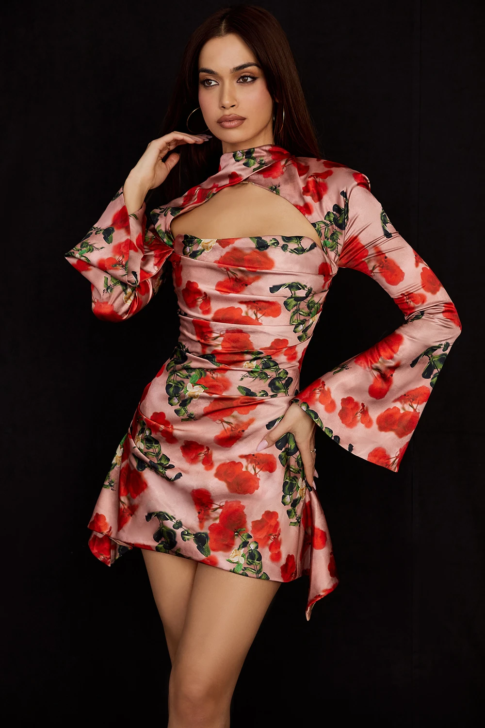 

Flower Printed Turtleneck Mini Dress Women Slim Bodycon Flare Dress Backless Hollow Out Draped Dress Long Sleeve A Line Dress