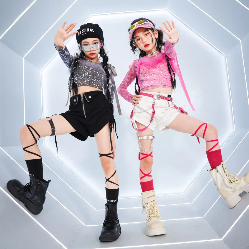 Новый K-pop жилет с блестками для девочек топ шорты уличных танцев детские