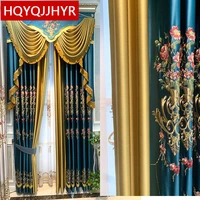 top luxurious blue embroidered curtains spliced gold decorative fabric for living room bedroom high quality valance curtains