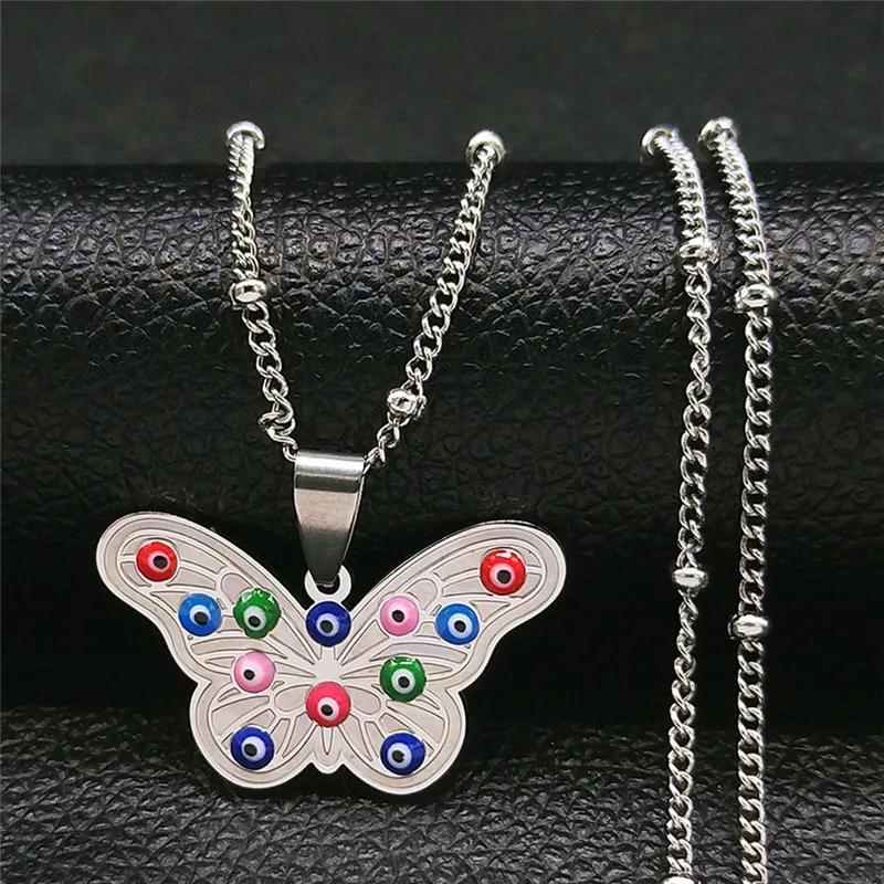 

Stainless Steel Colorful Turkey Eyes Butterfly Charms Necklace Women Gift Engagement Chain Necklace Jewelry collier N5231S06