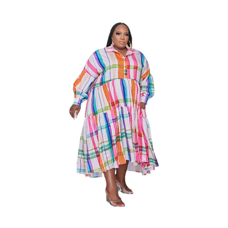 Plus Size Oversize Fashion Printing Women Long-sleeved Shirt Dress Elegant Clothing Turn Down Neck Buttons Ho 3xl 4xl 5xl 6xl