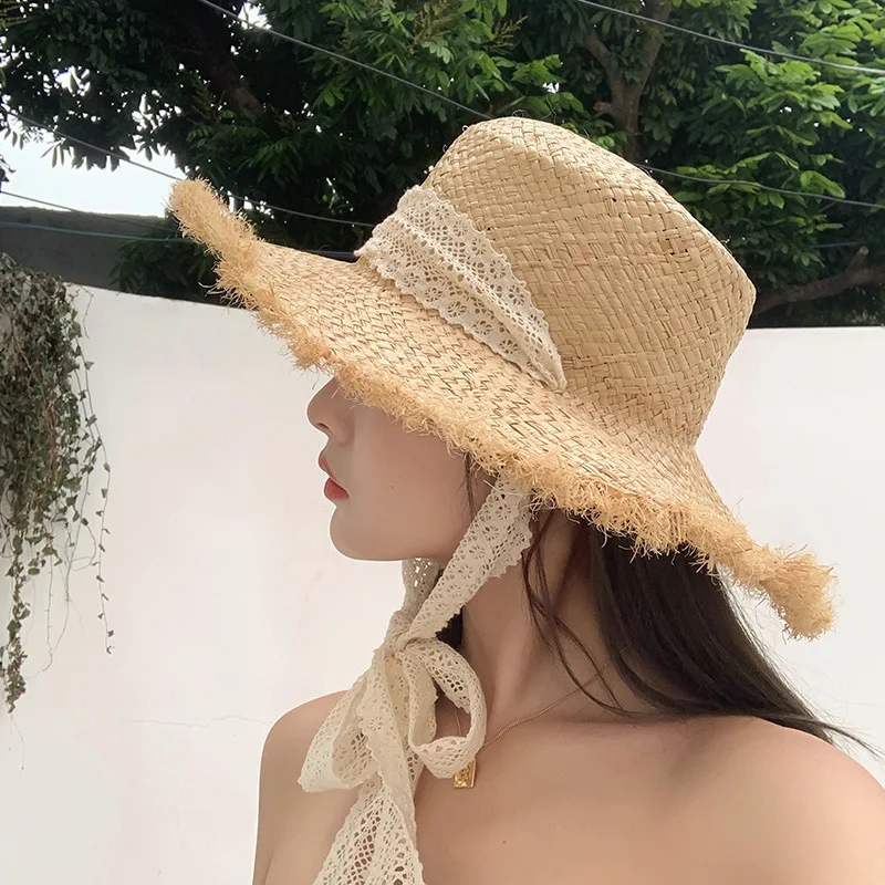 

OMEA Summer Wide Brim Straw Hat Lace Beach Hat Women Korean Windproof Rope Travel Sun Hat Elegant Bucket Hat with fringe Holiday