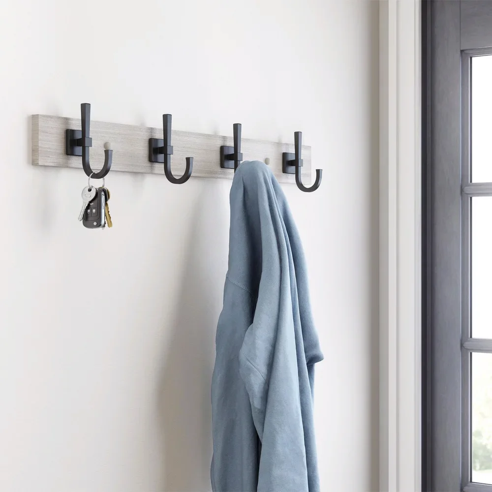 

Miller 27" Wall Mounted Hook Rack, 4 Hooks, Rustic Gray & Matte Black Coat Clothing Stand Clothes