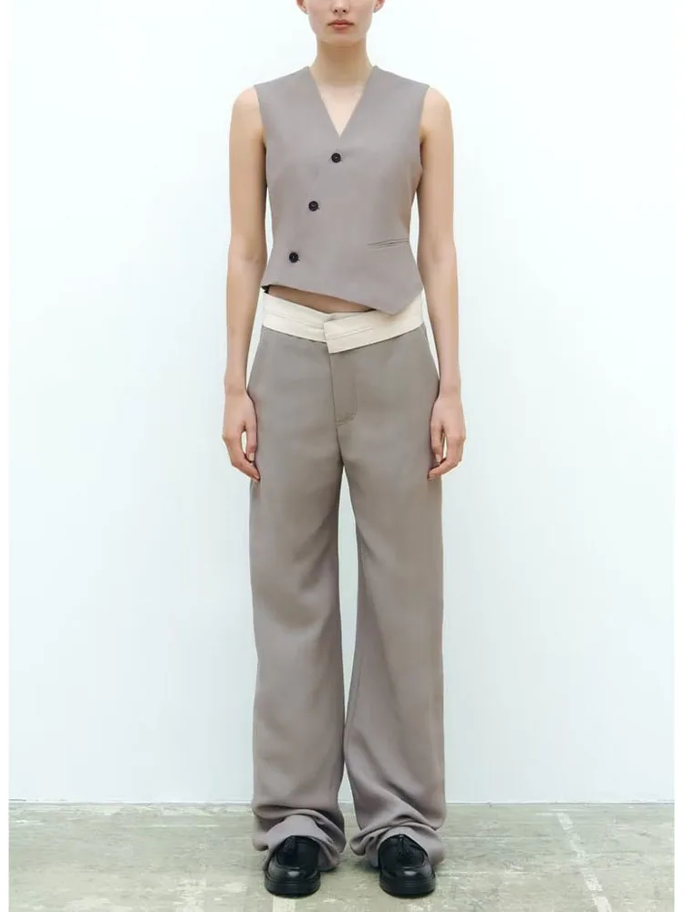 

New women's casual asymmetric design double-breasted vest + linen blended contrasting color waist wide-leg straight-leg pants