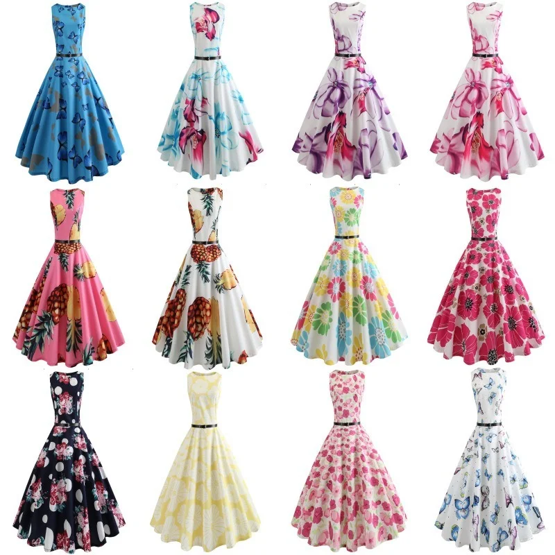 

European and American Women retro Hepburn Style Dress Ladies Sleeveless Waist Floral Dress with Belt
