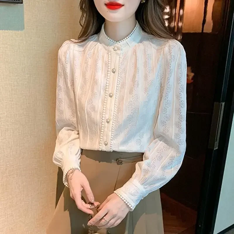 Рубашка женская однотонная с длинным рукавом модный кружевной топ в стиле