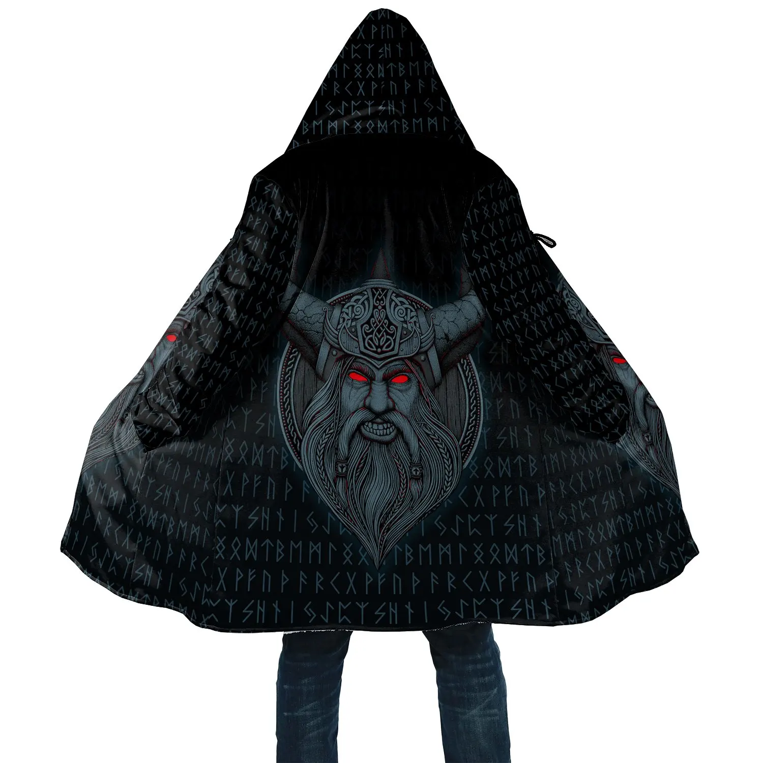 

Winter Mens Viking Style Cloak Odin Angry Tattoo 3D Printing Fleece Hooded Cloak Unisex Casual Thick Warm Cloak Coat CH78