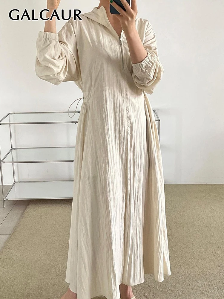 

GALCAUR Hooded Ruched Drawstring Long Dress For Stand Neck Long Sleeve Loose Waist Casual Vintage Dresses Female Autumn 2022 New