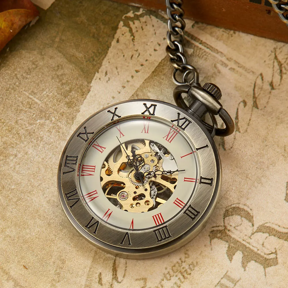 Vintage Bronze Hollow Mechanical Pocket Watch Men Roman Number Dial Retro Steampunk Hand Winding Pocket Watches Male Clock Gifts