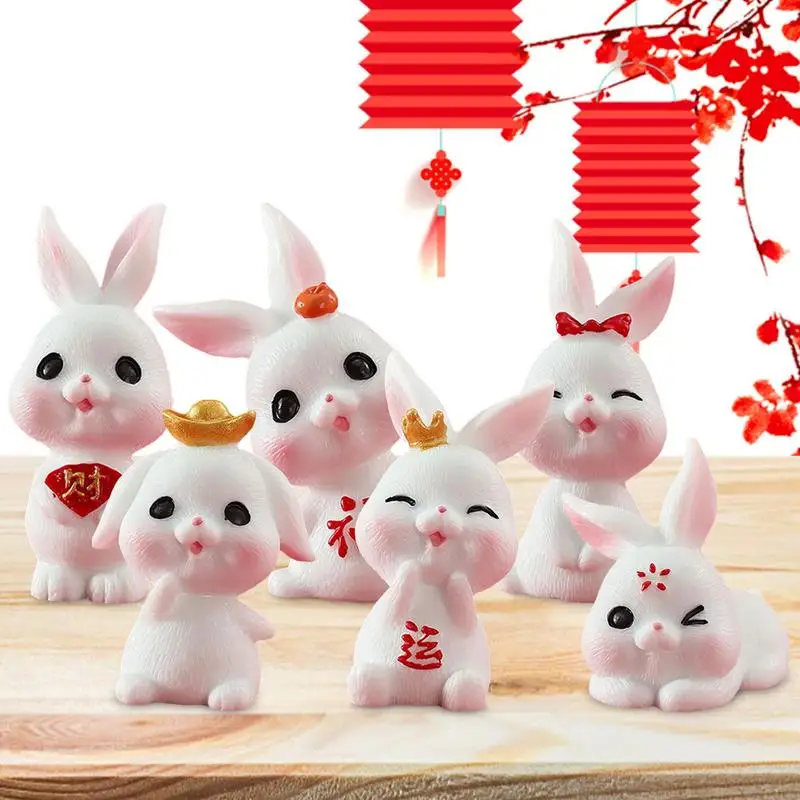 

6pcs Chinese Spring Festival Bunny Figurines Chinese New Year Rabbit Miniatures Zodiac Animal Ornaments Dollhouse Accessories