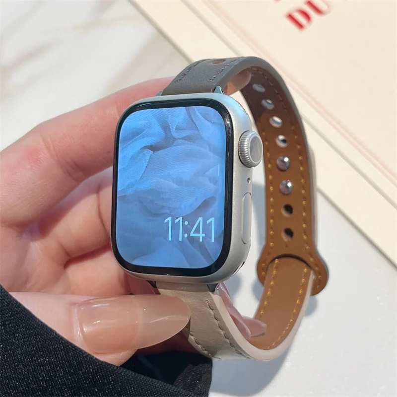 

Ремешок кожаный цветной для Apple Watch Band 49 мм 40 мм 44 мм 42 мм, браслет на запястье для iWatch SE 8 7 6 5 4 41 мм 45