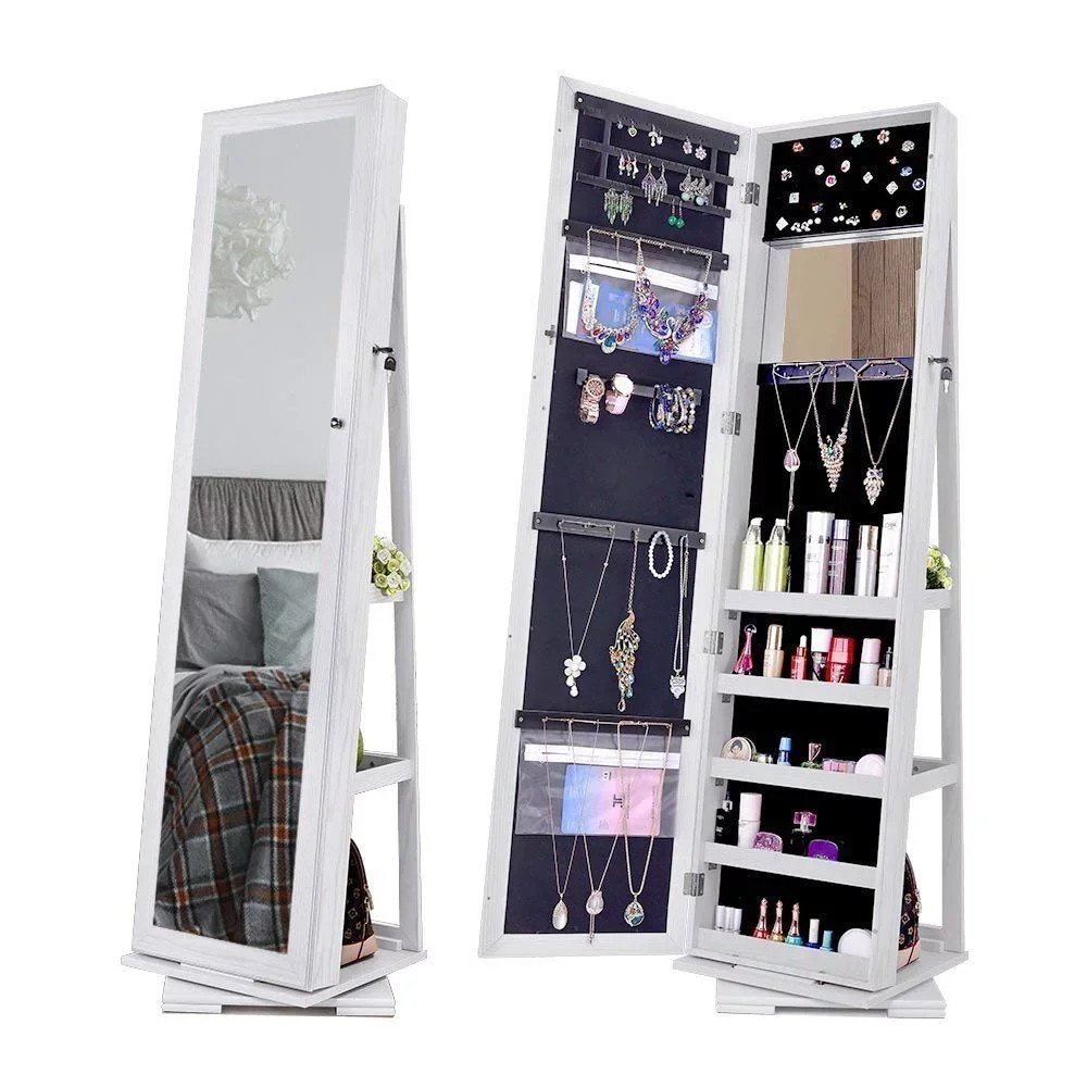 360 Spinning Lockable Jewelry Armoire with Free-Standing Mir