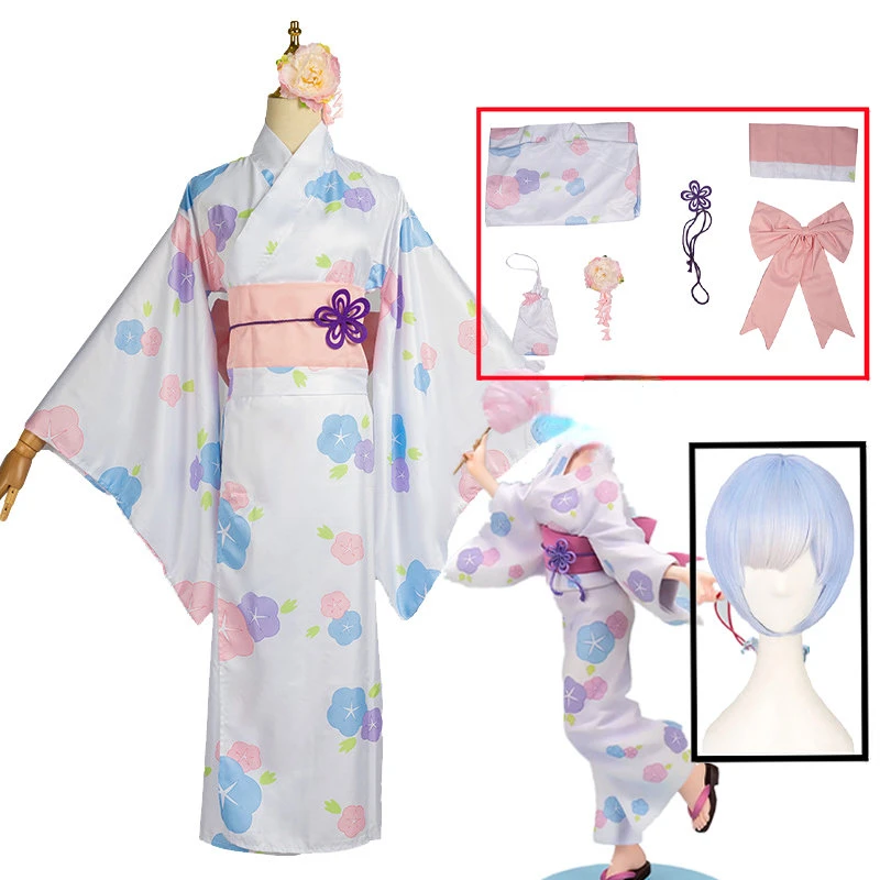 

Ram Rem Cosplay Anime Re:zero Kara Hajimeru Isekai Seikatsu Costume Japanese Woman Rem Kimono Dress Wig Set