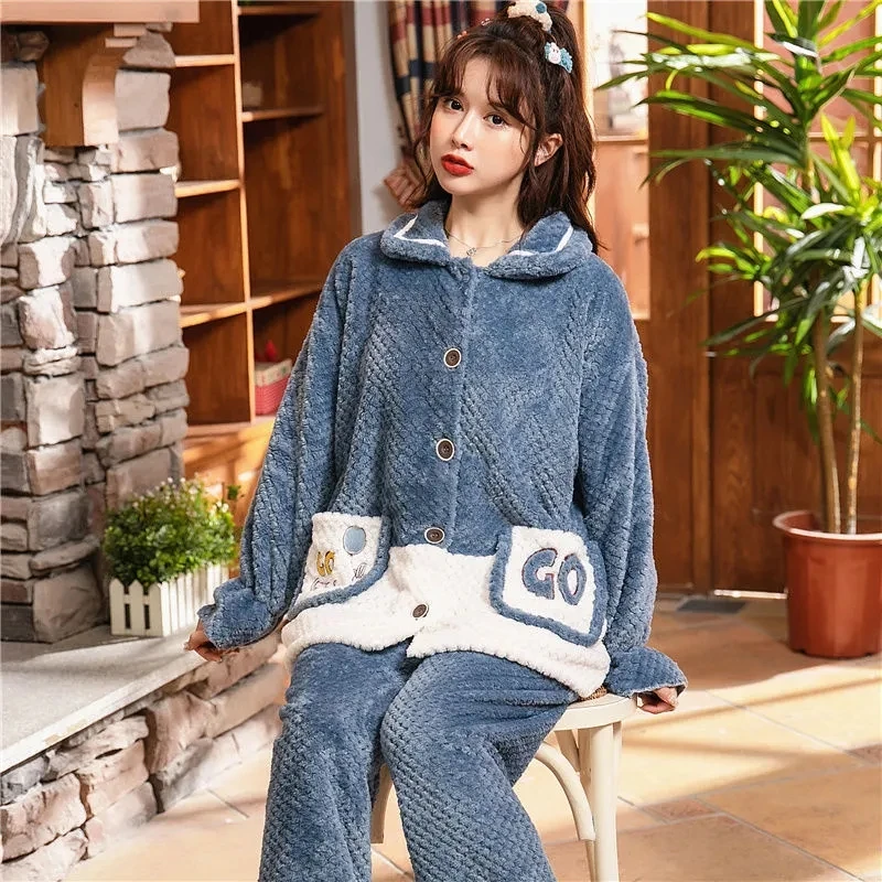 Autumn Women Pajamas Sets Winter Warm Flannel Women Pyjamas Sets Thick Long Sleeve Cartoon Sleepwear Pajamas Set