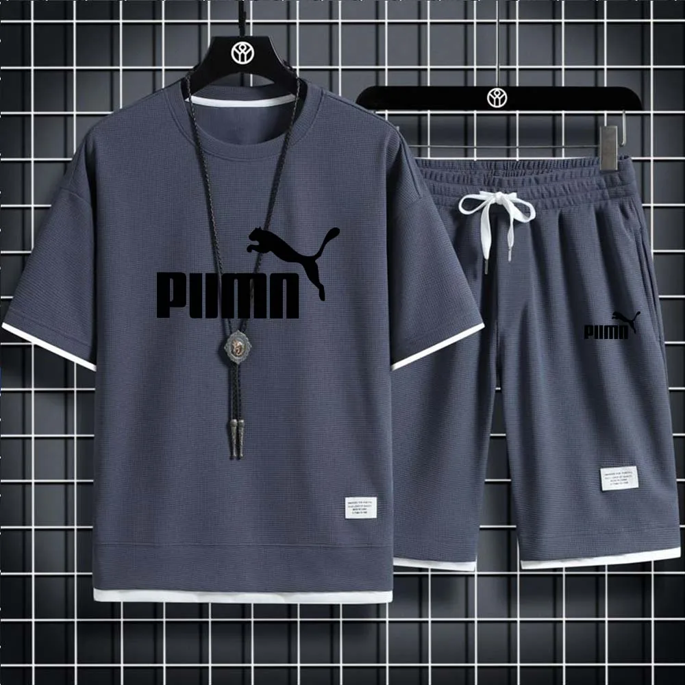 Summer popular men's T-shirt+shorts suit men's sports suit brand LOGO printing casual fashion cotton short-sleeved T-shirt set