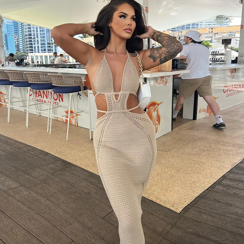 

2023 Spring Summer Sexy Trendy Knitted Halter Lace-Up Backless Maxi Dress Elegant Designer Bodycon Women Hollow Out Long Dresses