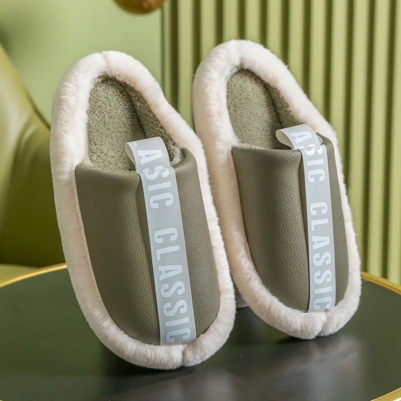 Women slippers home Plus size PU Leather Slippers house Winter Waterproof indoor Fur Male Memory foam Massage Cotton slipper
