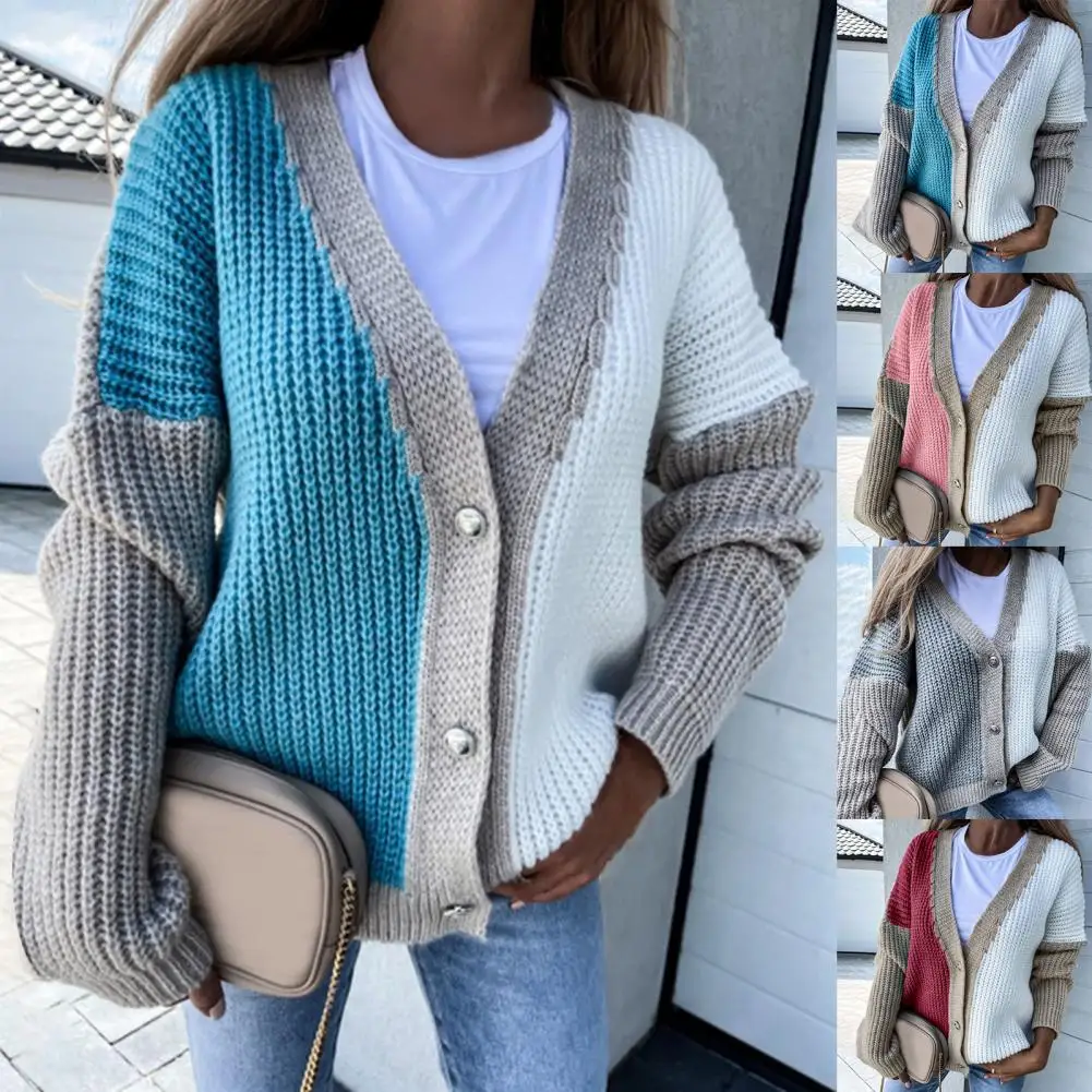 

Женский свитер с длинным рукавом, однобортный Свободный кардиган с цветными вставками и V-образным вырезом, Осень-зима