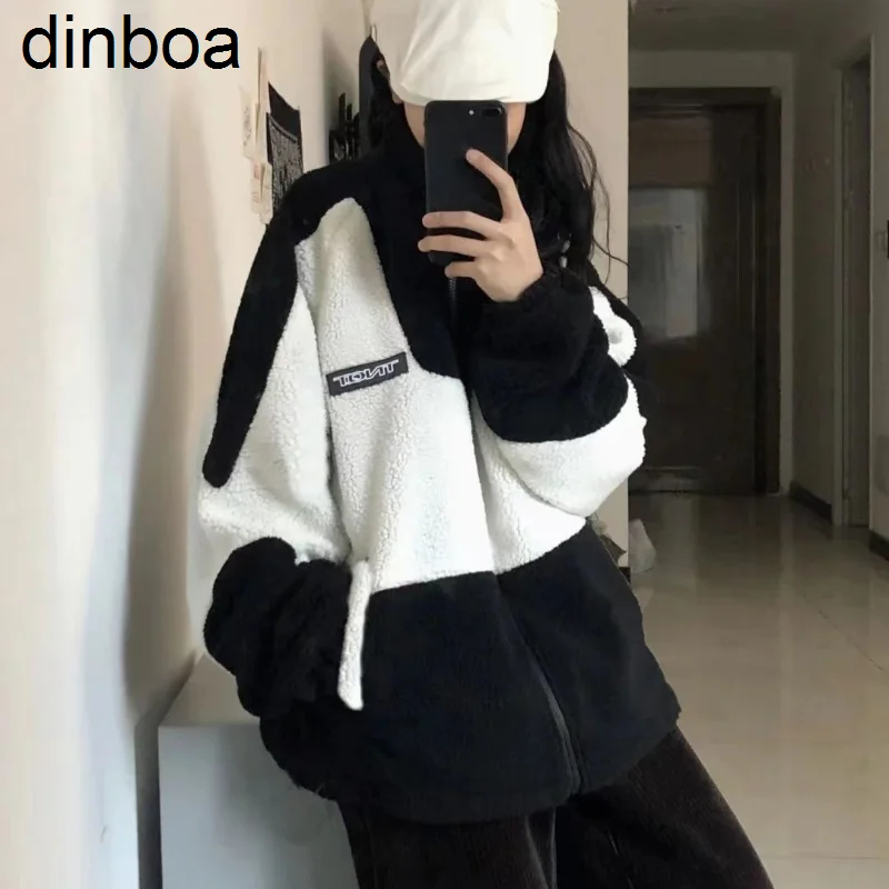 

Dinboa-harajuku женская куртка винтажная овечья шерсть корейский стиль оверсайз черные куртки флисовые пальто для женщин зима 2022 Повседневная Y2k