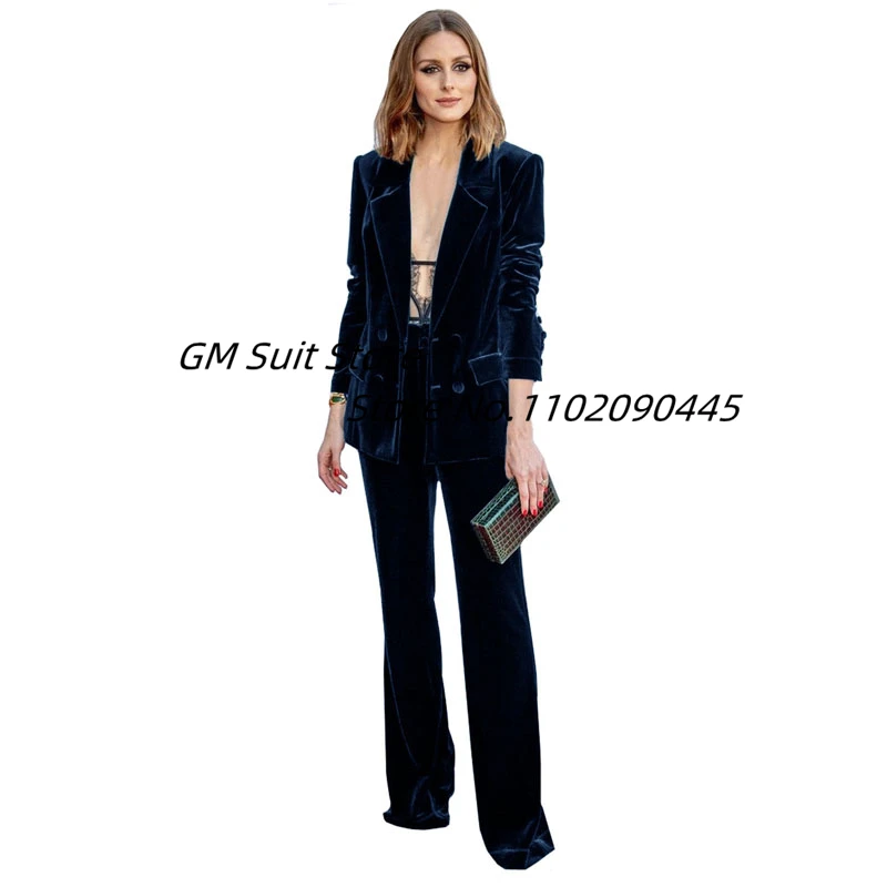 Women's Velvet 2 Pieces Pant Suits Double Breasted Wedding Groom Tuxedos Fashion Blazer Jacket Pants images - 6