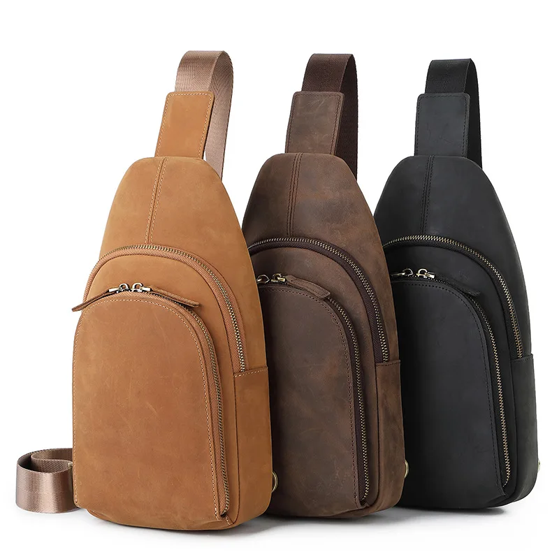 Men's Small Sling Messenger Bags Crazy Horse Leather Chest Bags Genuine Leather Shoulder Crossbody Bag Vintage Cowhide Backpack