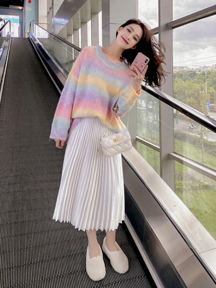 

Fashion Women Sweaters 2023 New Korean Style Pullover Long Sleeve Top Knitwear O-Neck Colorful Stripes LOOSE Warm Jumpers