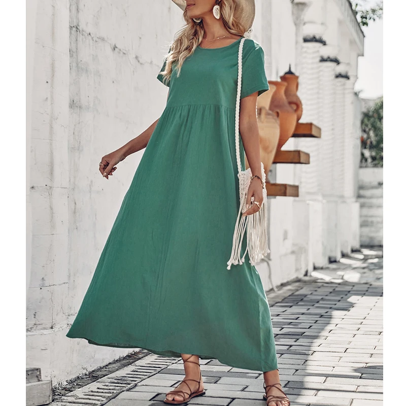 

YEMOGGY Elegant Fashion Short Sleeve Dress for Women Summer Dresses 2022 New O neck Solid High Waist A-Line Swing Maxi Dress