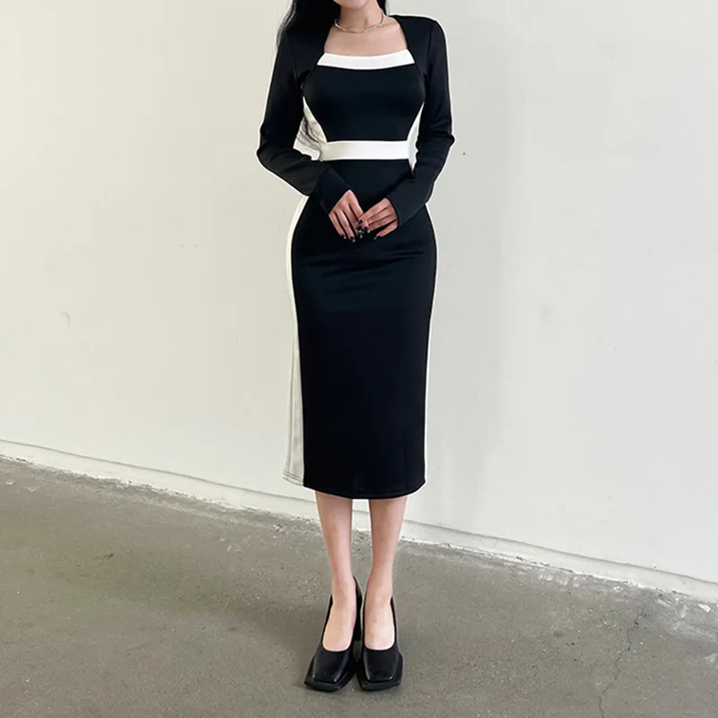 

Элегантное облегающее черное базовое модное осеннее платье составного кроя в Корейском стиле с длинным рукавом и квадратным вырезом