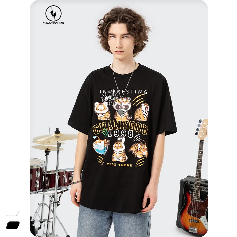 

Мужская одежда, летняя мультяшная Веселая футболка с коротким рукавом и головой тигра, Мужской Хлопковый топ в уличном стиле