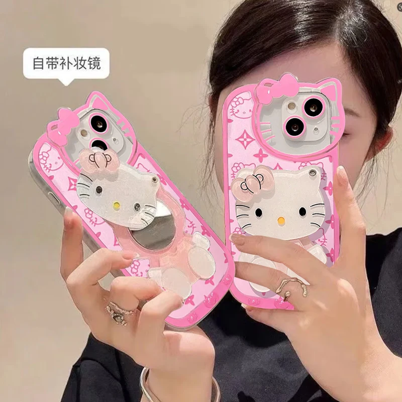 Милый розовый чехол Hello Kitty для телефона с зеркалом макияжа IPhone 11 12 13 14 15 Pro Max XS X XR 7 8