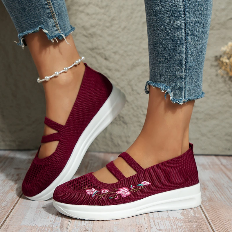 

Кроссовки женские сетчатые с цветочным принтом, удобная мягкая однотонная модная обувь для матери, легкие на платформе