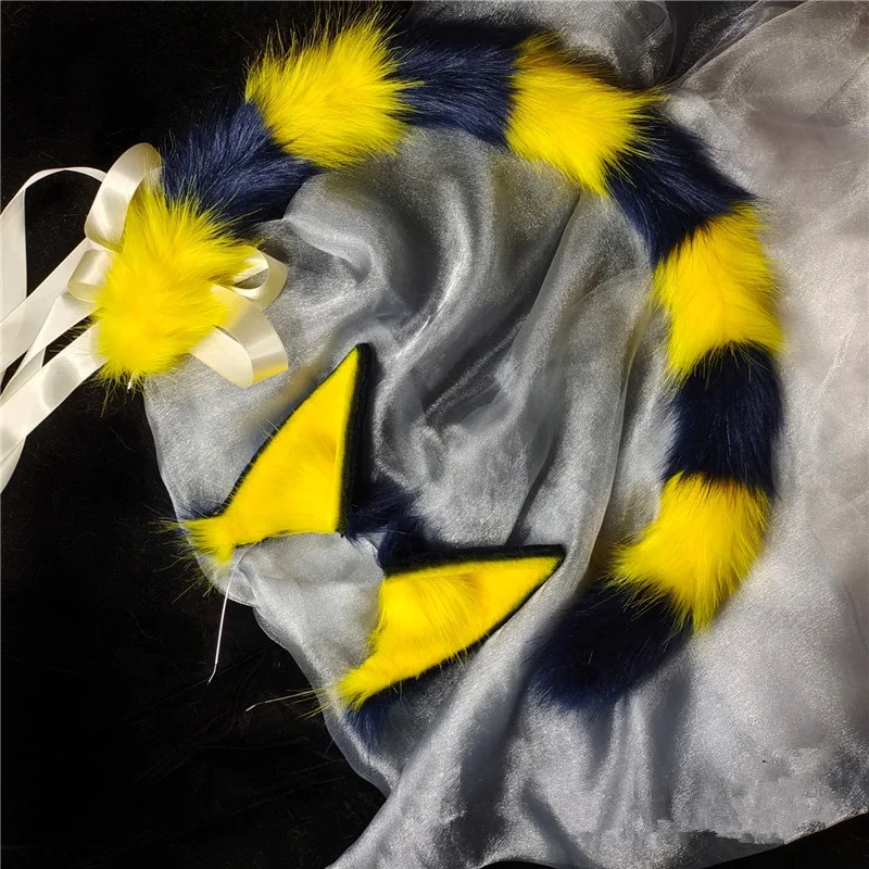 Обруч для волос с кошачьими ушками желтый и синий хвост от пересечения животных