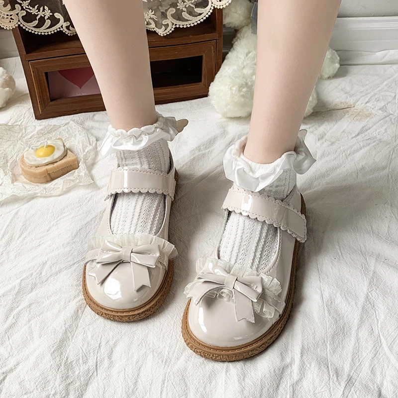

Sweet Bow Mary Jane Shoes Women Patent Leather Low Heels Lolita Shoes Woman Lace Thick Bottom Cosplay Shoes