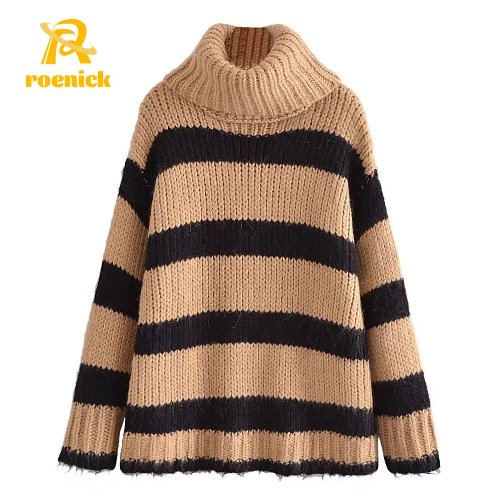 

ROENICK Women High Neck Striped Loose Sweaters Female Thick Warm Vintage Fashion Long Sleeve Knitted Tops Chic Pullovers Jumpers