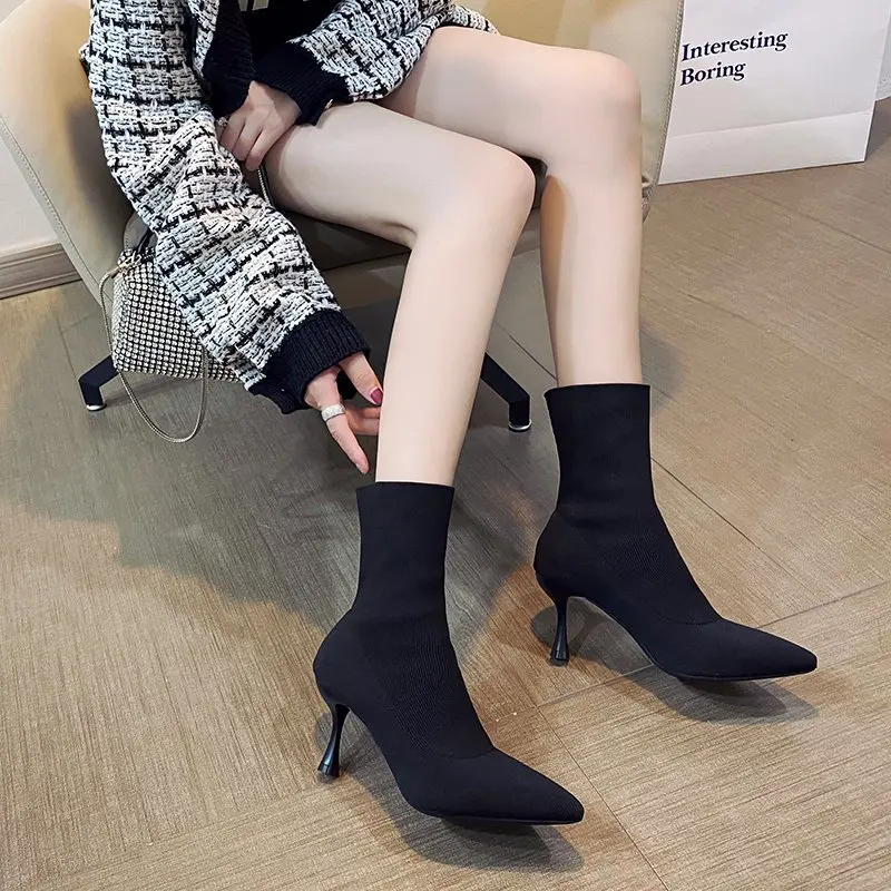 

Новинка весна-осень 2022 женские Универсальные ботинки с острым носком на высоком каблуке-шпильке трикотажные эластичные удобные ботинки-но...