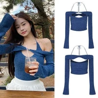 jumper sweater women single is hell freezia song zhiya same style blue sexy slash neck off shoulder halterneck knitted top