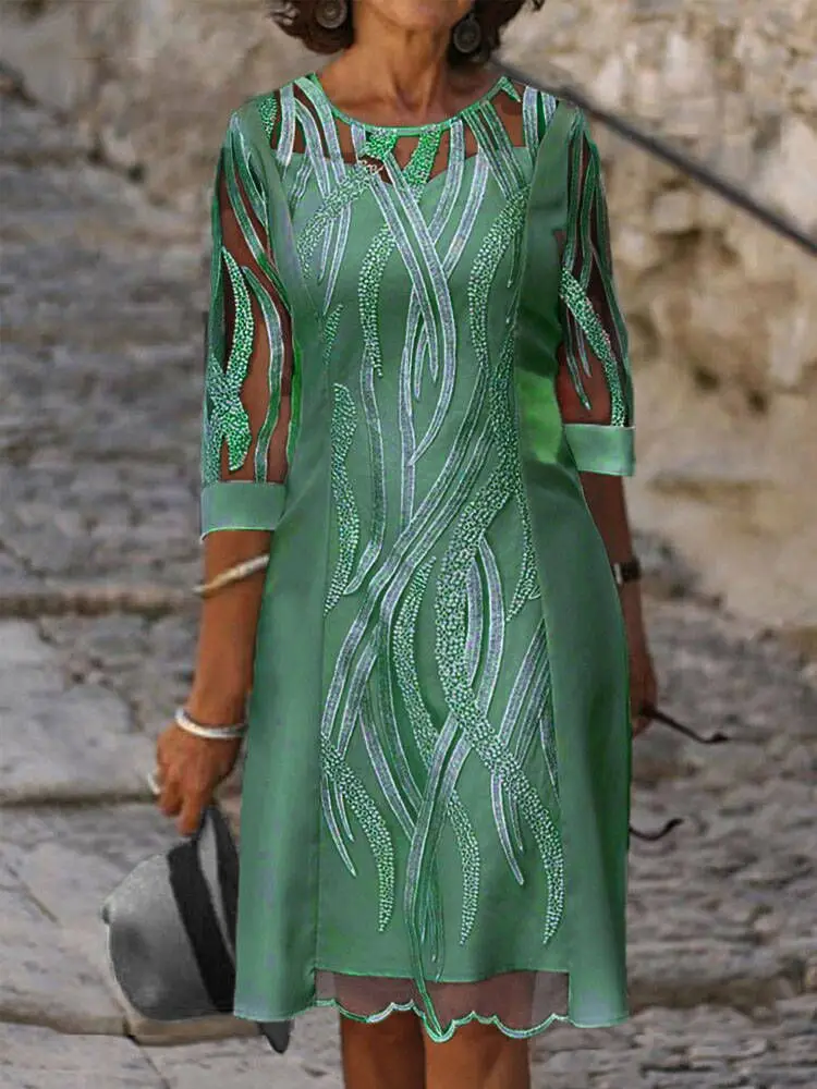 

Женское кружевное ажурное платье, элегантное офисное платье с круглым вырезом и рукавом до локтя, Сетчатое платье с принтом, весна-лето