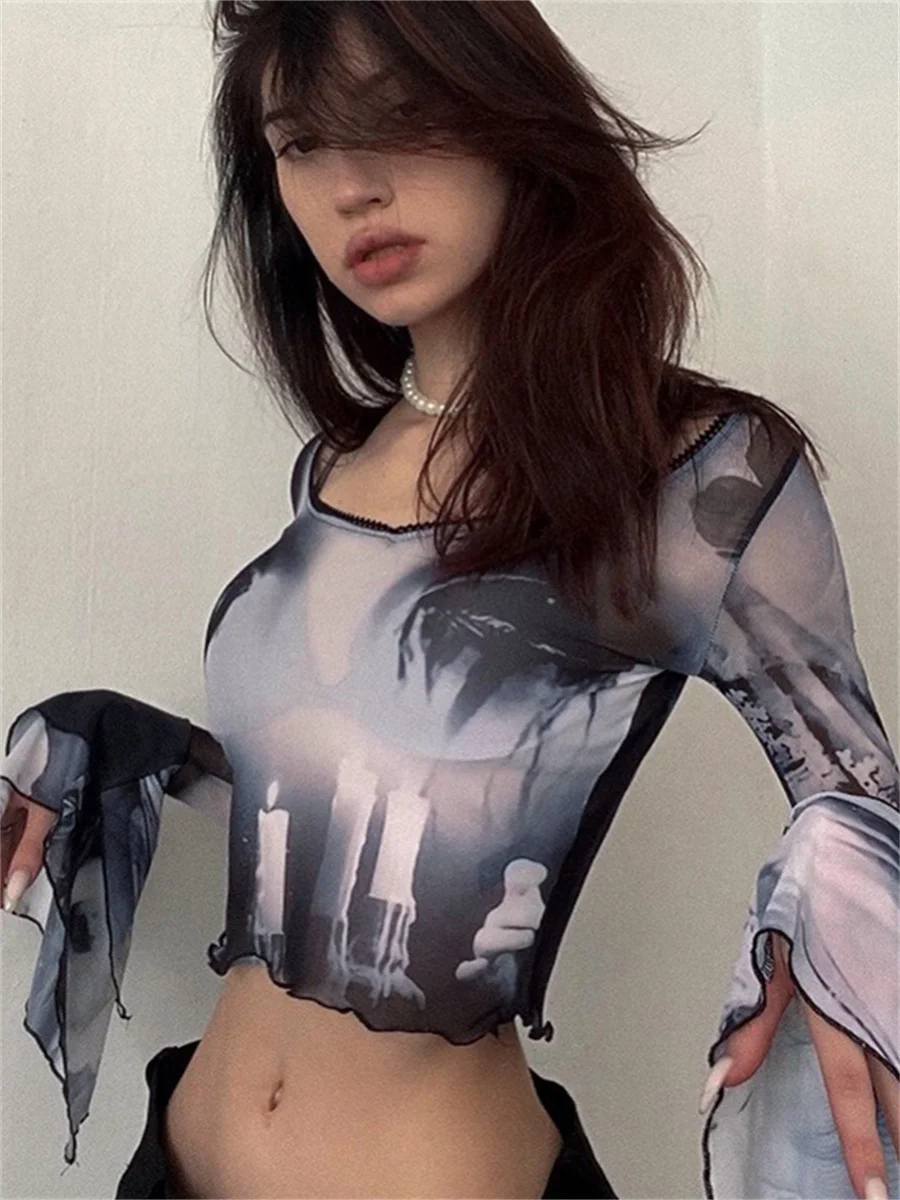 Wsevypo винтажный 90-х топ с принтом и оборками длинным Расклешенным рукавом круглым