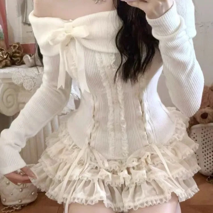 Модный вязаный пуловер с открытыми плечами и длинными рукавами милым бантом +